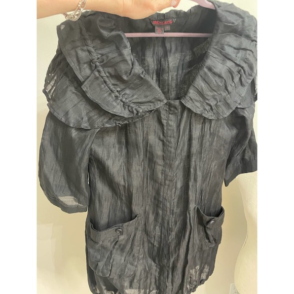 Simon Chang Black Jacket Dress Ruffle Neck 3/4 sleeves SZ 10 Tunic Long Top - Picture 8 of 14